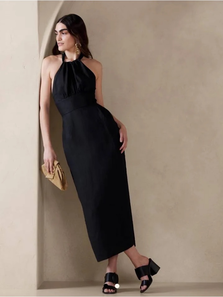 Banana Republic Lisa Black Linen Lightweight Midi Dress Size 4 Classic!
